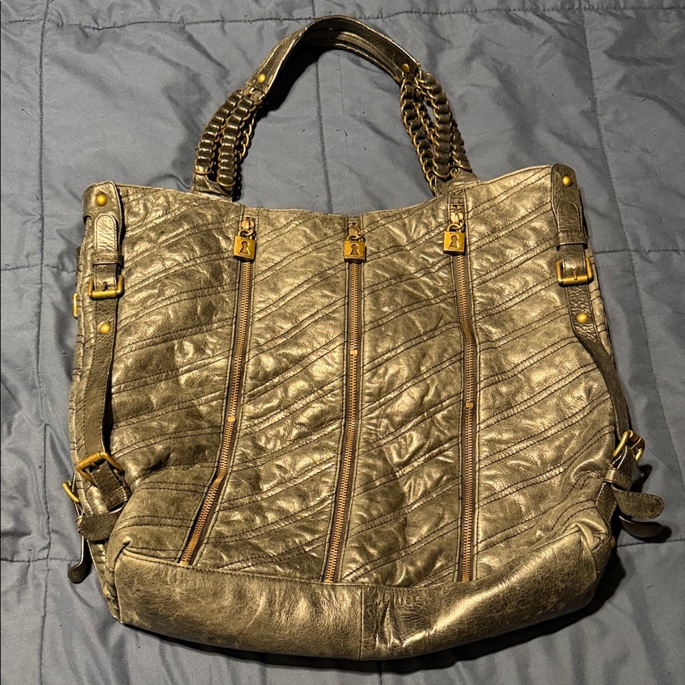 Betsey Johnson black grey leather bag with Chain Handles brass hardware